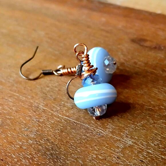 Blue Boho Beaded Dangle Earrings, Copper, OOAK Artisan - Picture 1 of 4
